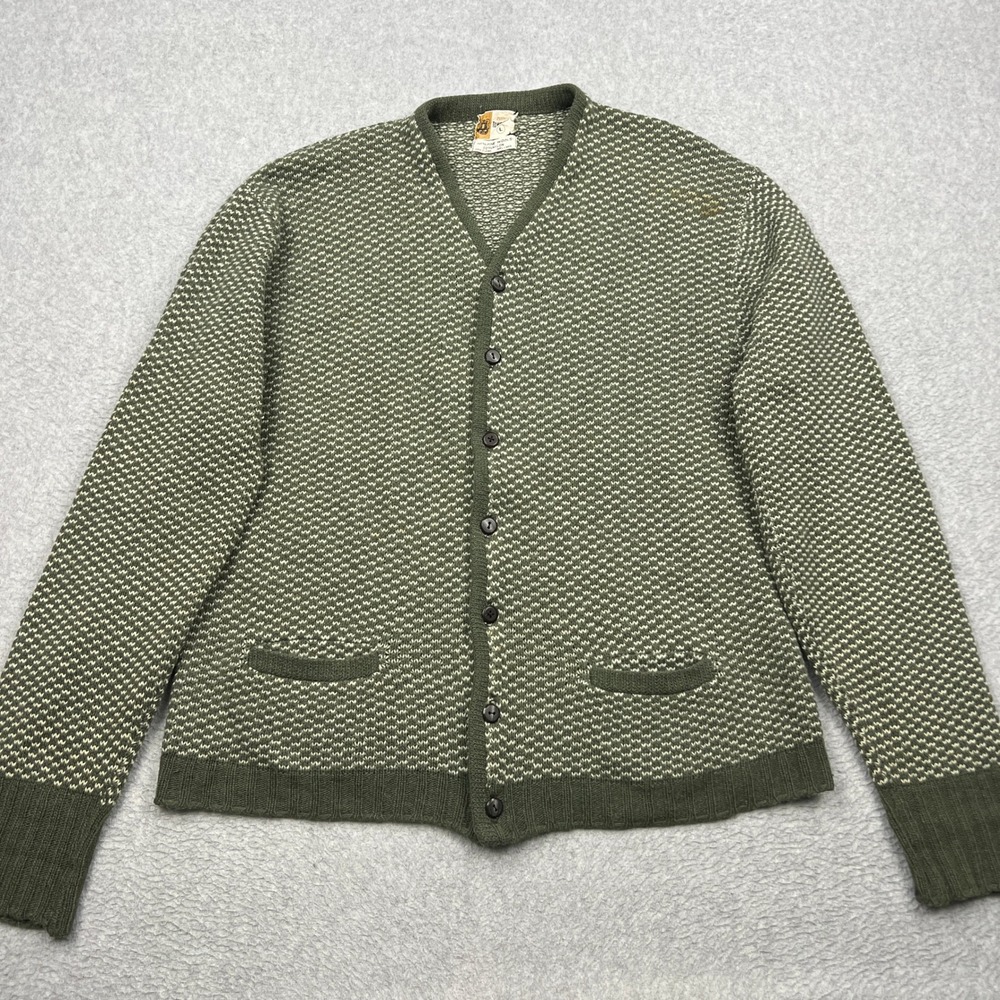 VTG Penney's Towncraft Cardigan Mens Large Green Birdseye Wool Knit Sweater 60s